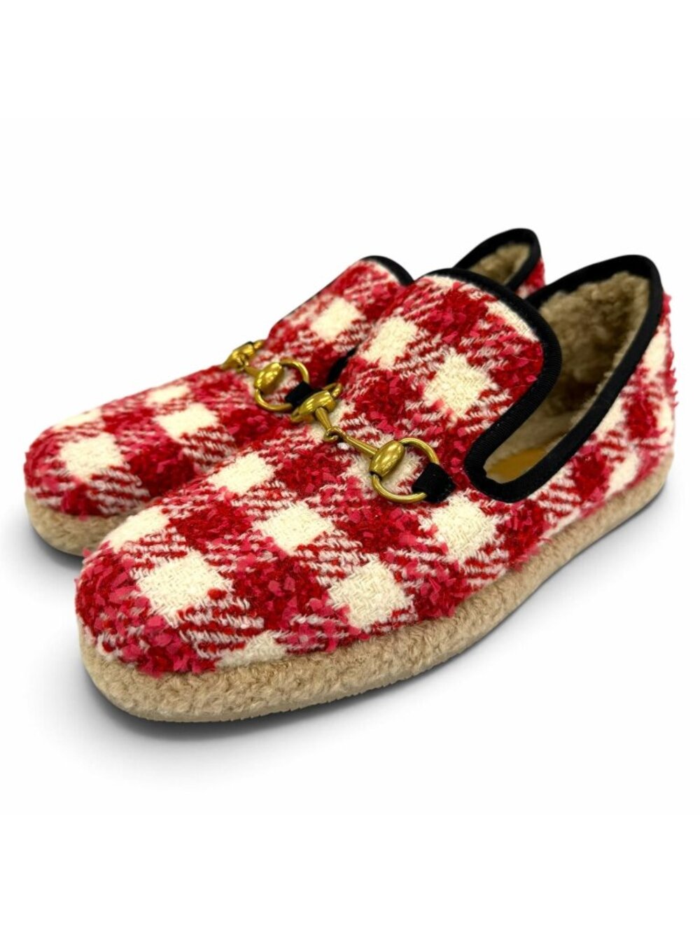 Gucci Horsebit Shearling Tweed Slip-on Red White Gold Slippers
